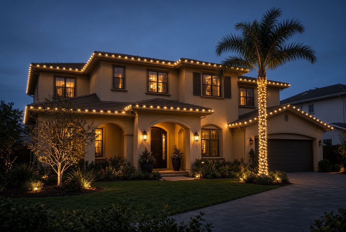 Two-story home with lights and wrapped palm