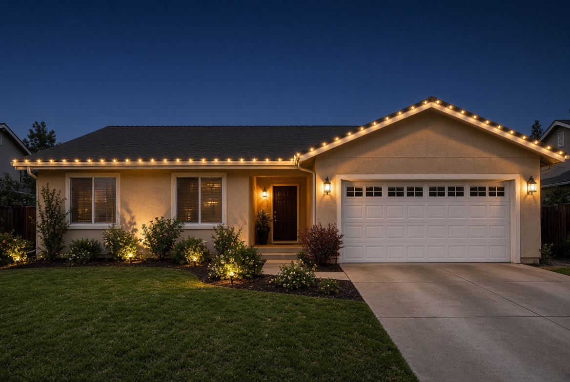 One-story home with warm white roofline lights